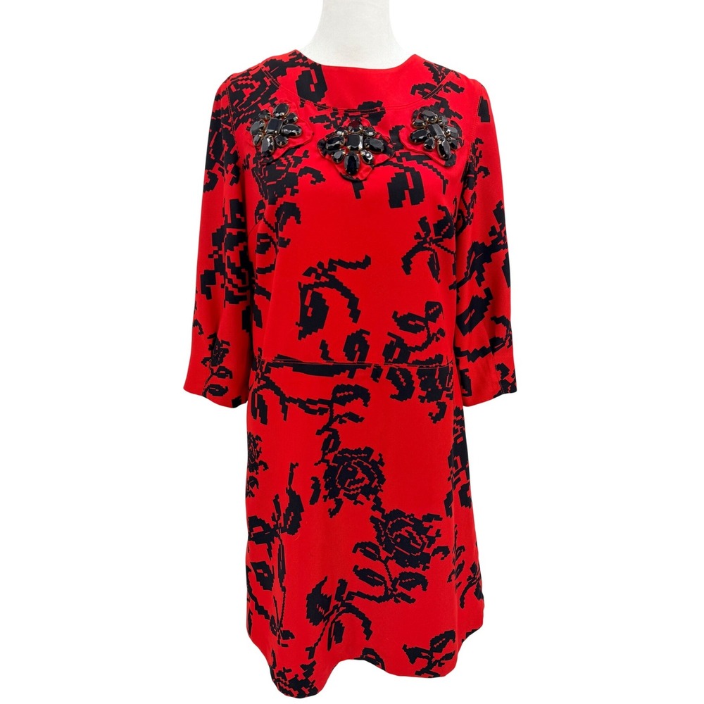 Anthropologie Karta Shift Dress Red Black S Jeweled Dark Romantic Pixelated Mod